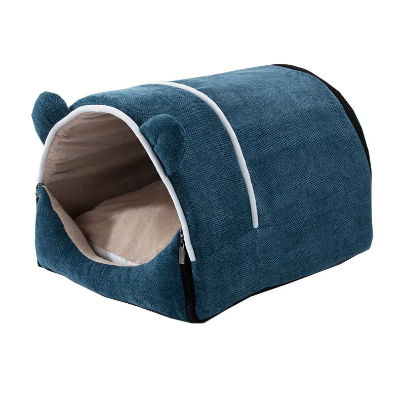 Enclosed chenille pet kennel with removable washable cover in blue, M size, for dogs under 10kg