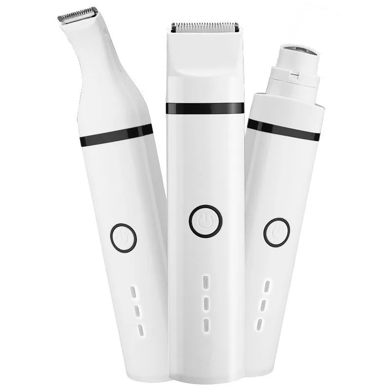White cordless pet shaving device for dogs with stainless steel blade and automatic grinding head