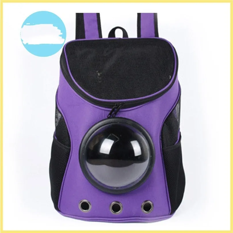 Pet space capsule backpack carrier with transparent PC window, ventilation holes, and adjustable straps in black for small cats and dogs 35x31x25 cm