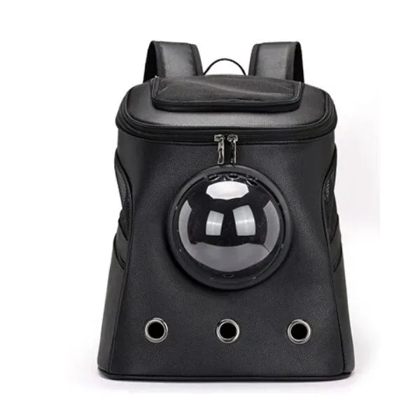 Pet space capsule backpack carrier with transparent PC window, ventilation holes, and adjustable straps in black for small cats and dogs 35x31x25 cm