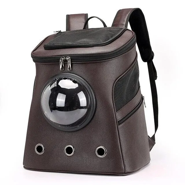 Pet space capsule backpack carrier with transparent PC window, ventilation holes, and adjustable straps in black for small cats and dogs 35x31x25 cm