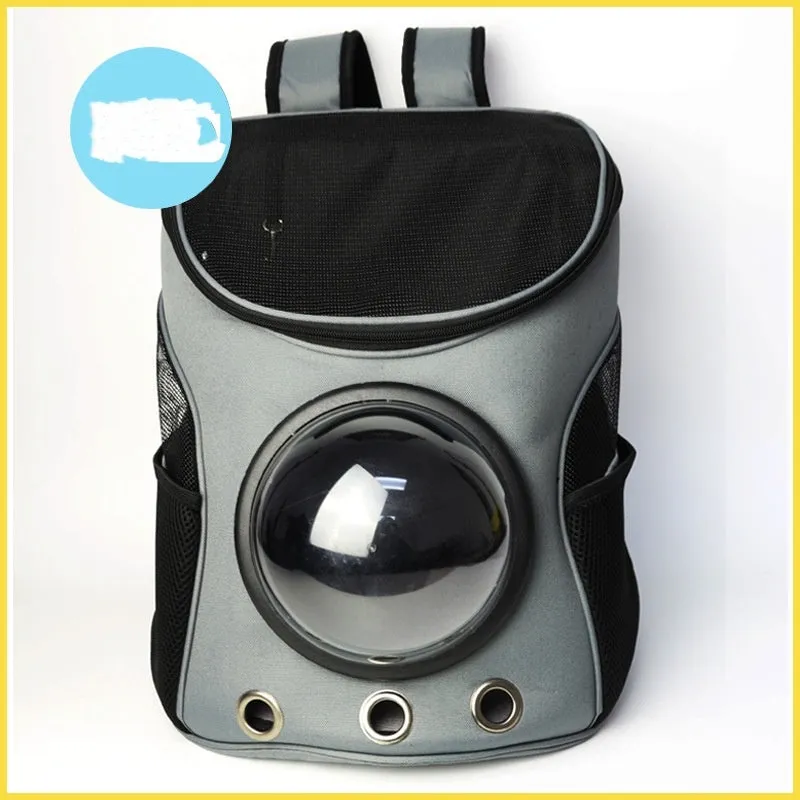 Pet space capsule backpack carrier with transparent PC window, ventilation holes, and adjustable straps in black for small cats and dogs 35x31x25 cm