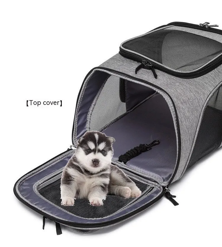 Extendable pet bag in Oxford material, solid colour gray, large 20-35L capacity for dogs and cats