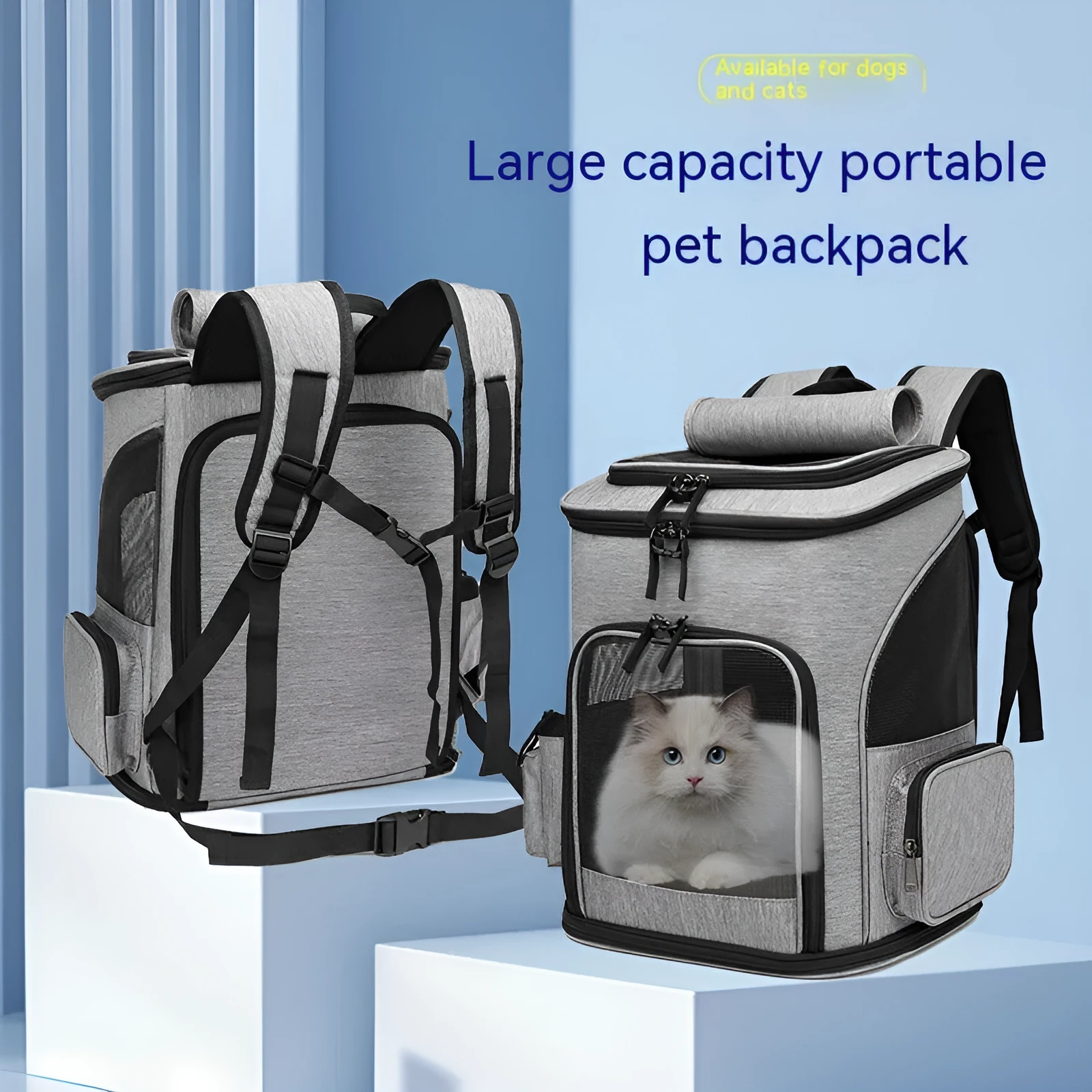 Extendable pet bag in Oxford material, solid colour gray, large 20-35L capacity for dogs and cats