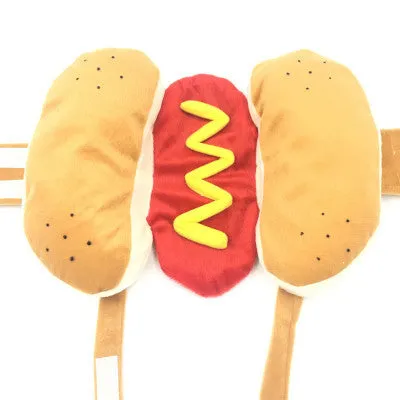 Cotton yellow hot dog burger pet costume on small dog, sizes S M L available