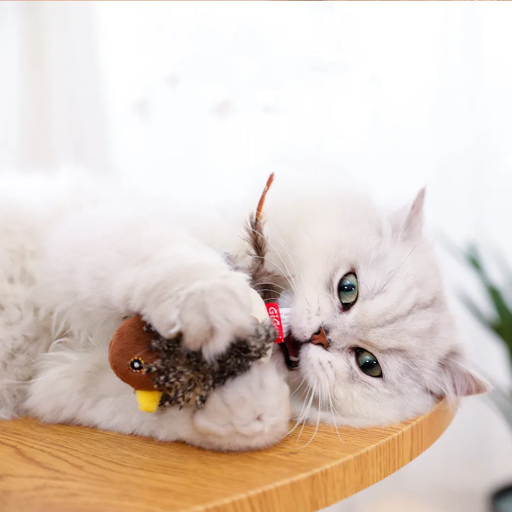 Interactive sounding plush cat toy with simulation bird and mouse electric molar design