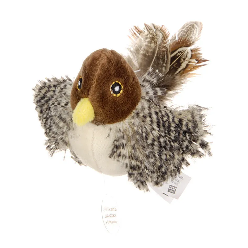 Interactive sounding plush cat toy with simulation bird and mouse electric molar design