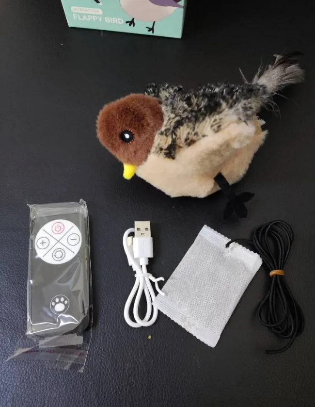 Interactive sounding plush cat toy with simulation bird and mouse electric molar design