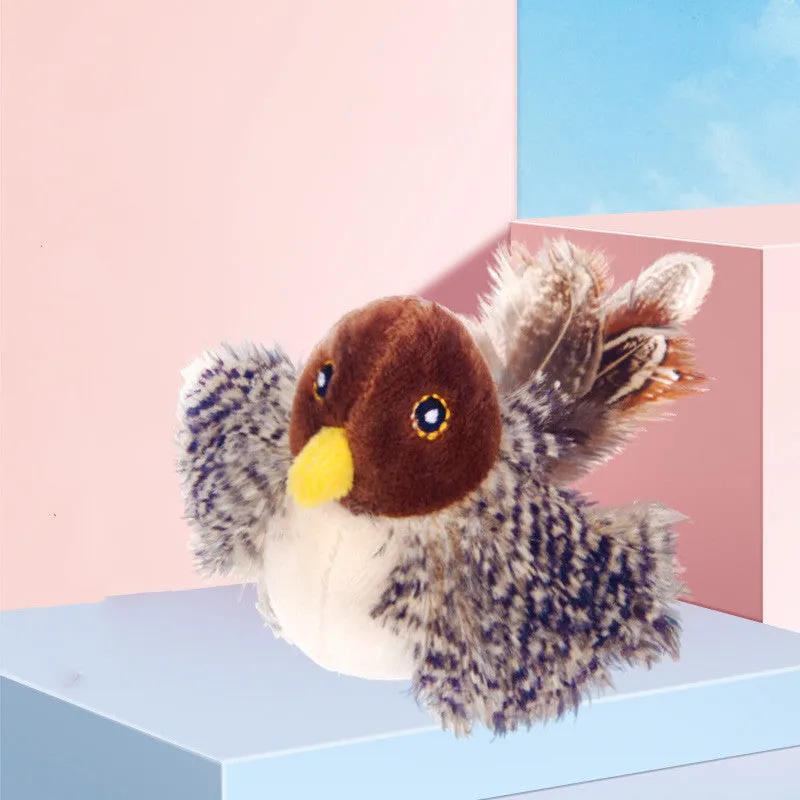 Interactive sounding plush cat toy with simulation bird and mouse electric molar design