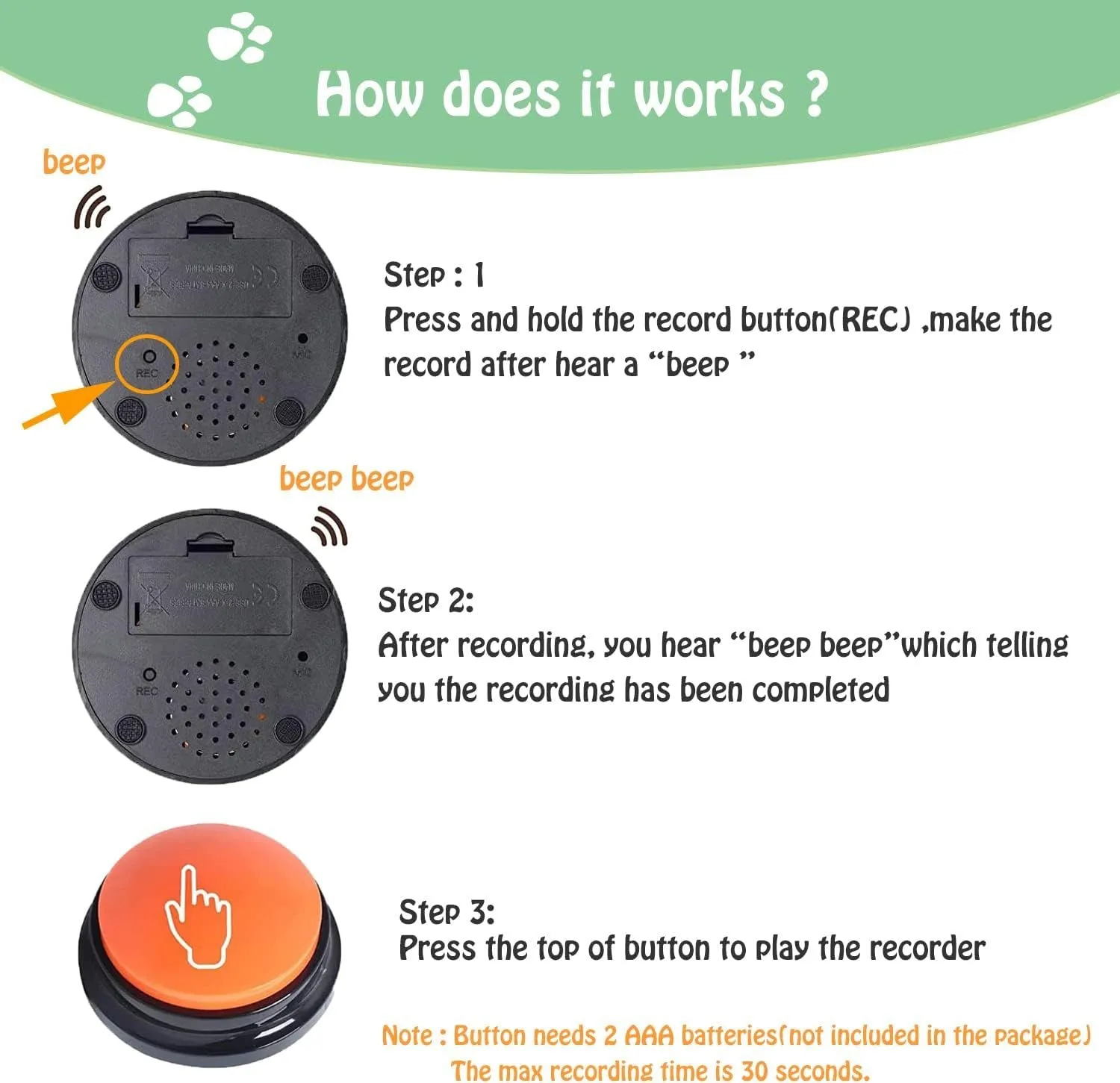 Voice recording button device for pet training in multiple colour options