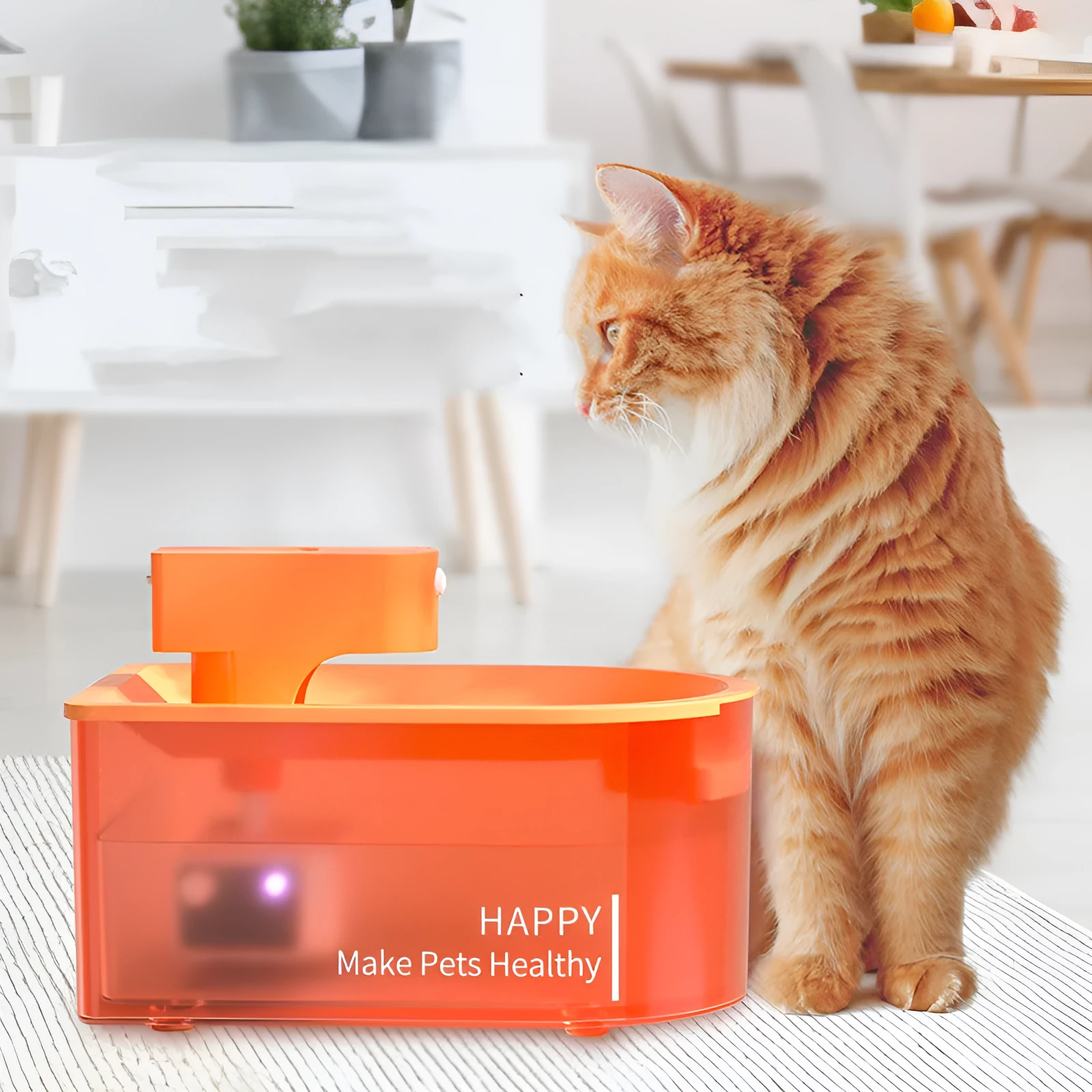Orange infrared induction pet water dispenser with 1.8 litre capacity and USB cable