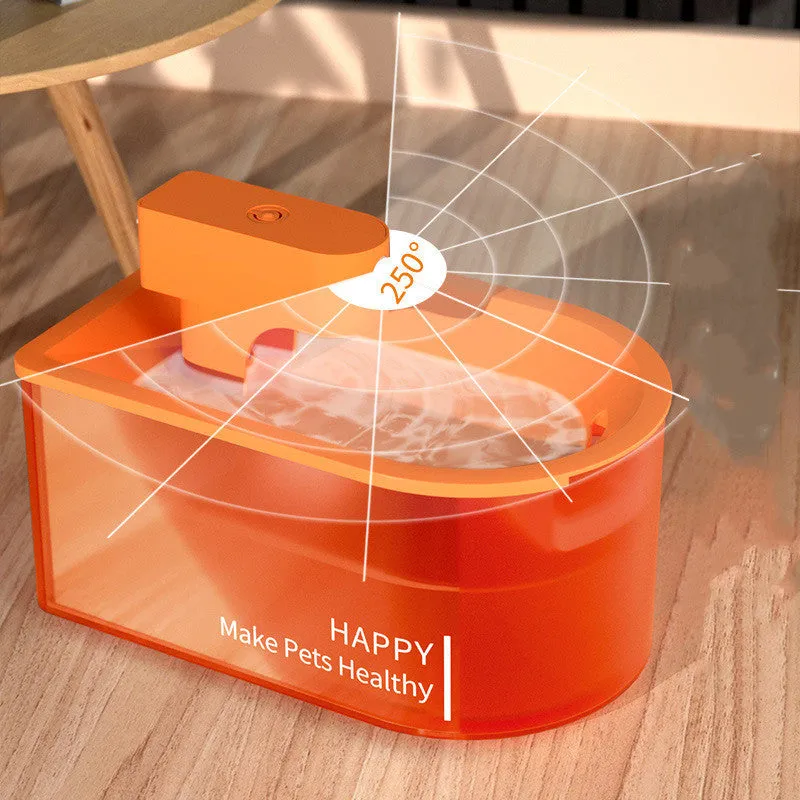 Orange infrared induction pet water dispenser with 1.8 litre capacity and USB cable
