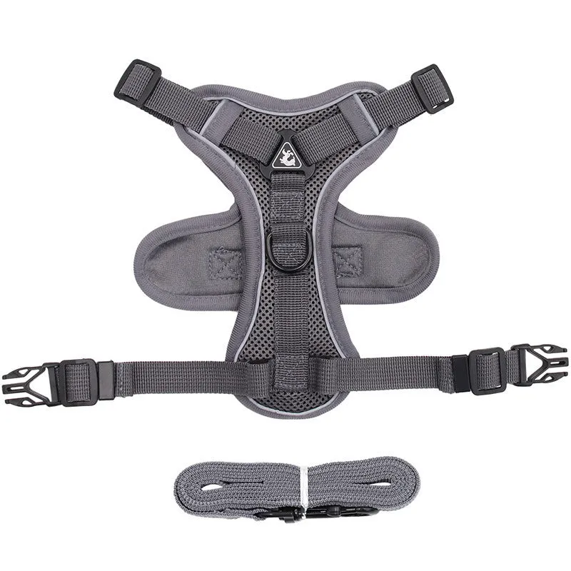 Cat anti-breakaway chest harness with 1.5-metre flat rope lead in grey, silver gradient chain detail