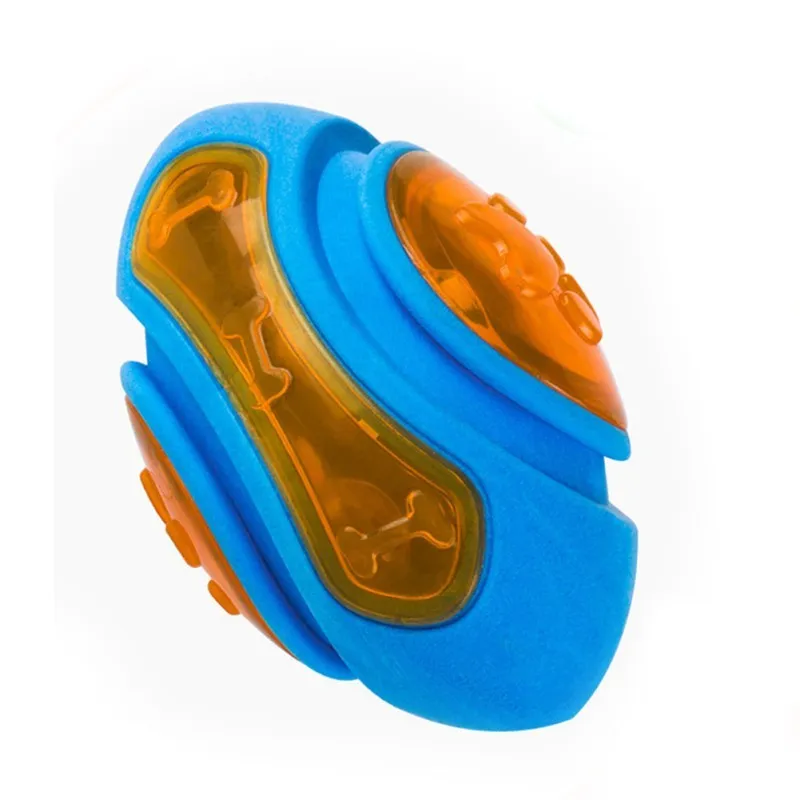 Funi Bite blue TPR dog training ball with teeth cleaning ridges on textured surface