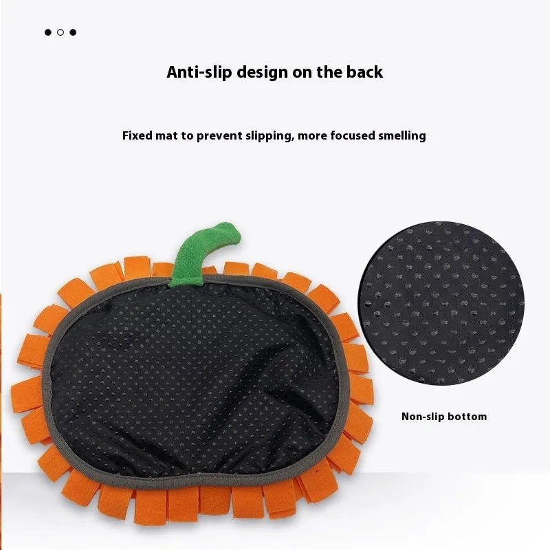 Orange, black, and green pumpkin-shaped pet smell mat made from polar fleece cloth.