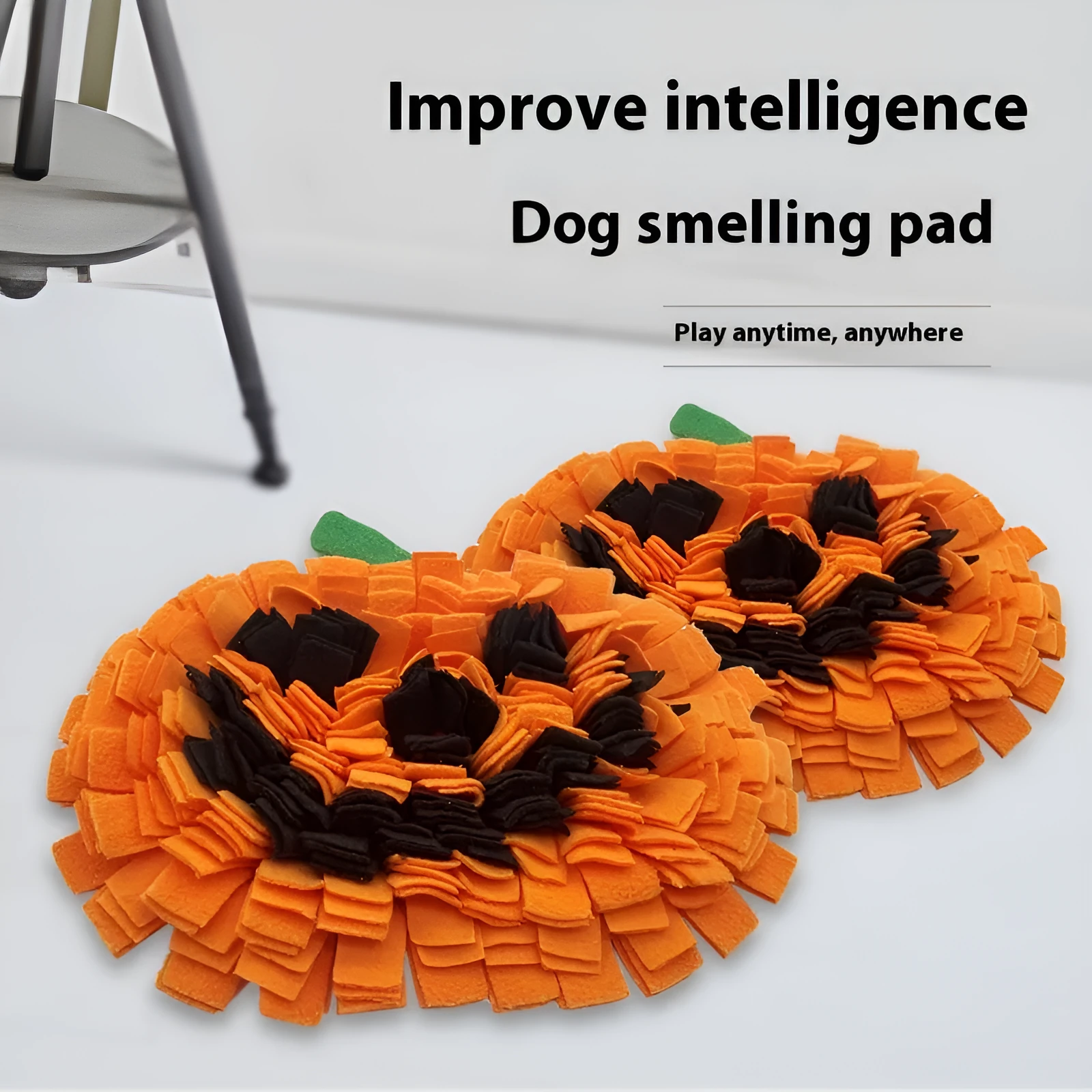 Orange, black, and green pumpkin-shaped pet smell mat made from polar fleece cloth.