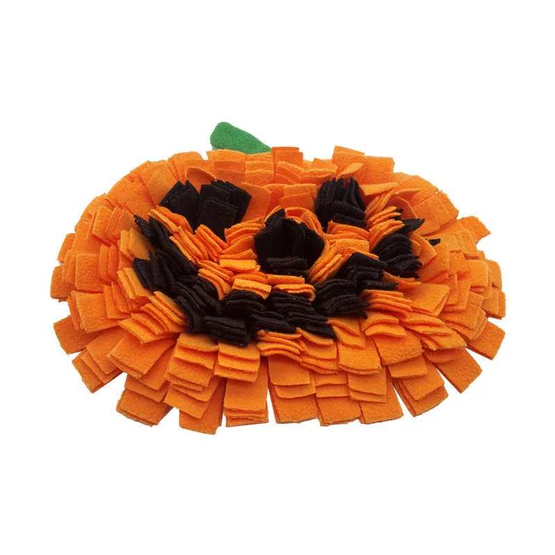 Orange, black, and green pumpkin-shaped pet smell mat made from polar fleece cloth.