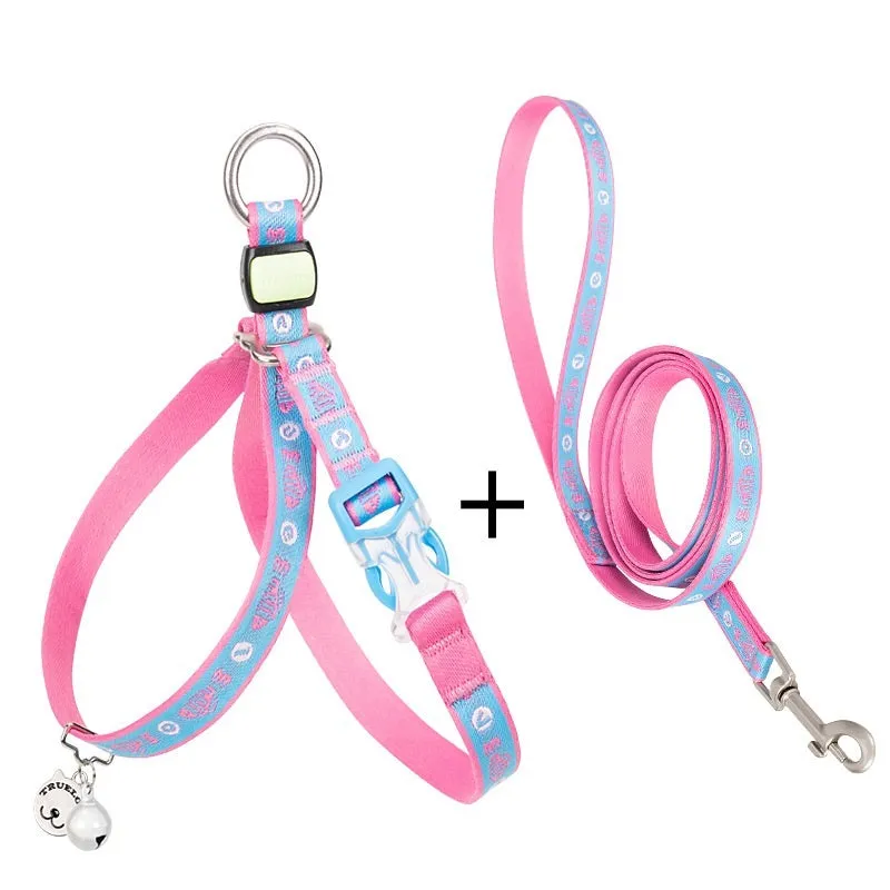 Pet cat bell chest strap harness in blue, made from polyester jacquard mesh, with adjustable straps and lead