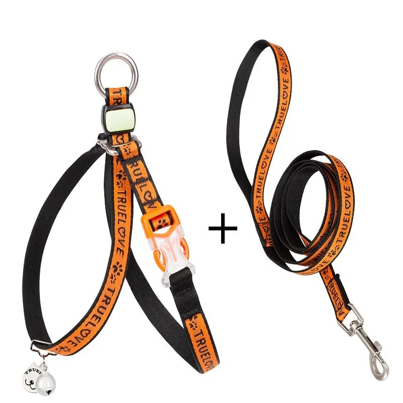 Pet cat bell chest strap harness in blue, made from polyester jacquard mesh, with adjustable straps and lead