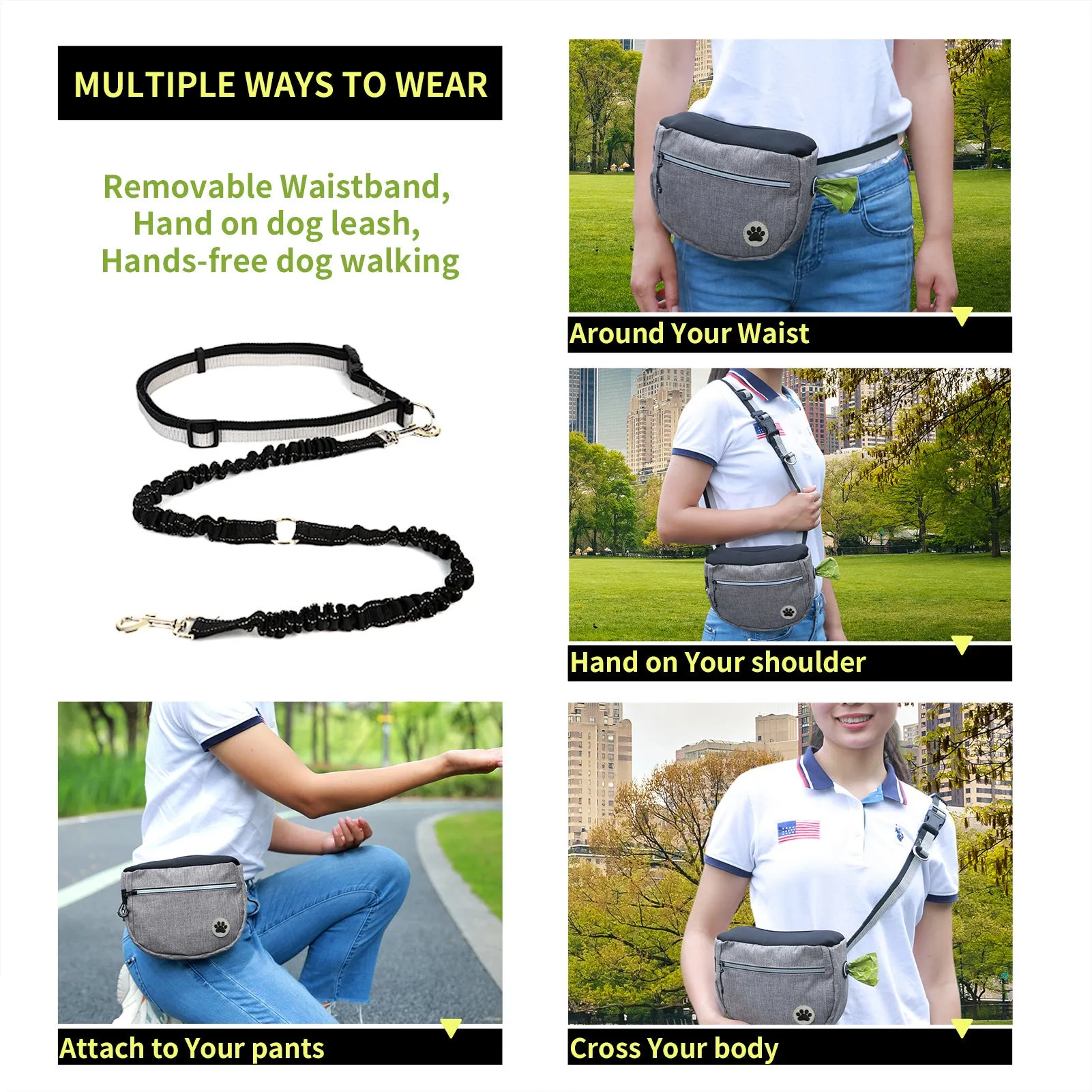 Grey Oxford fabric pet snack bag for dog walking and training, 21cm compact pouch with single pocket