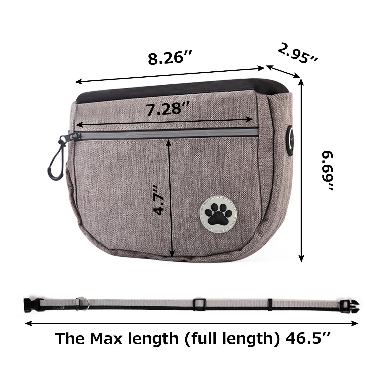 Grey Oxford fabric pet snack bag for dog walking and training, 21cm compact pouch with single pocket