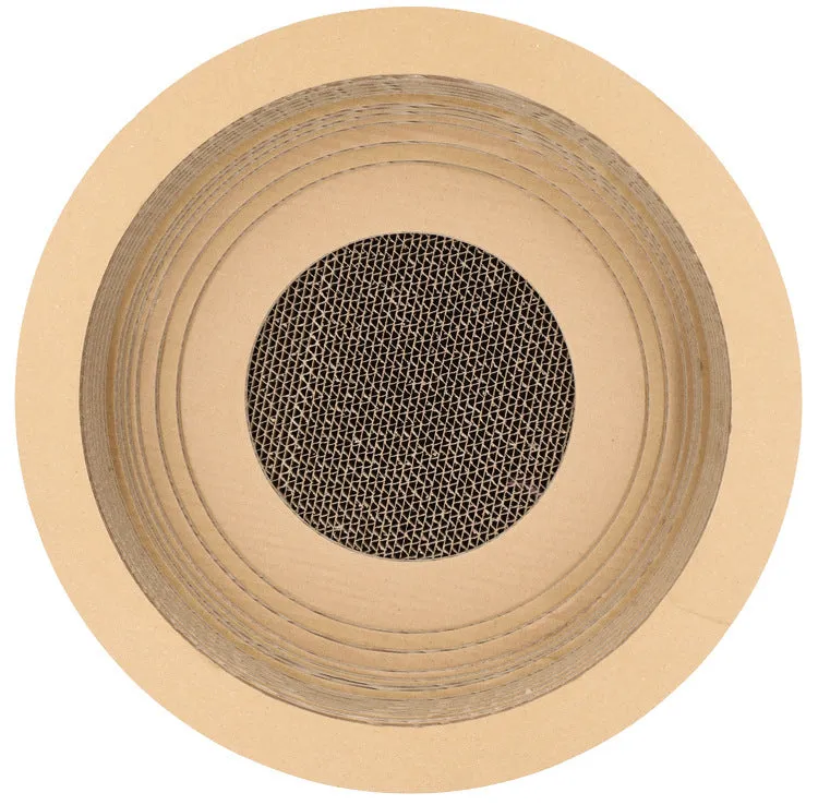 Brown paper cat scratch board 40cm diameter on floor with cat scratching