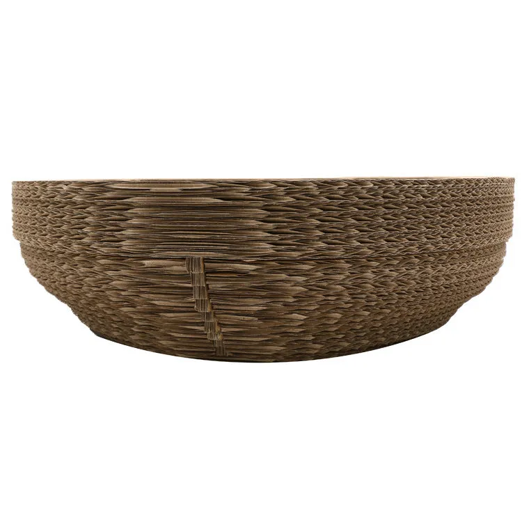 Brown paper cat scratch board 40cm diameter on floor with cat scratching