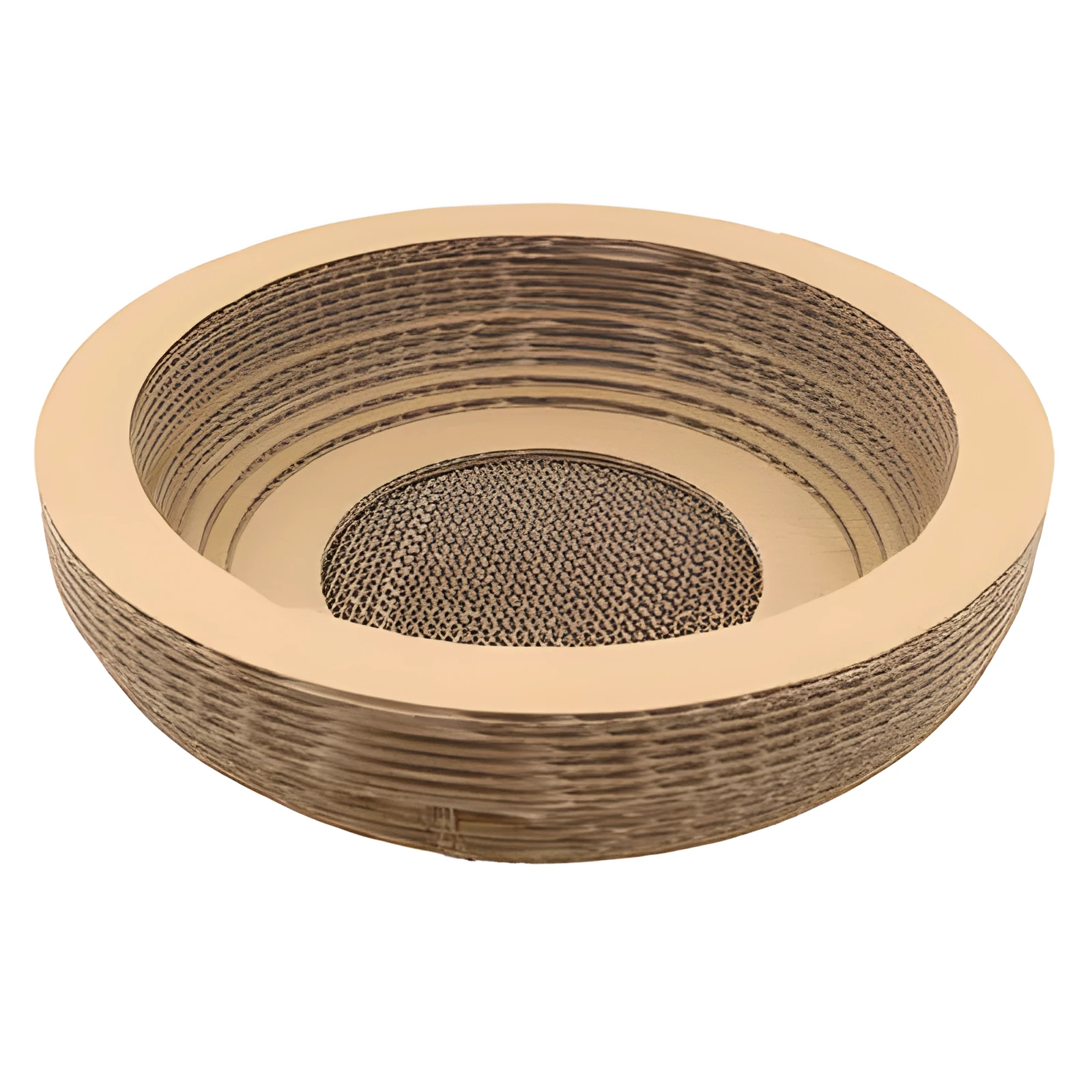 Brown paper cat scratch board 40cm diameter on floor with cat scratching