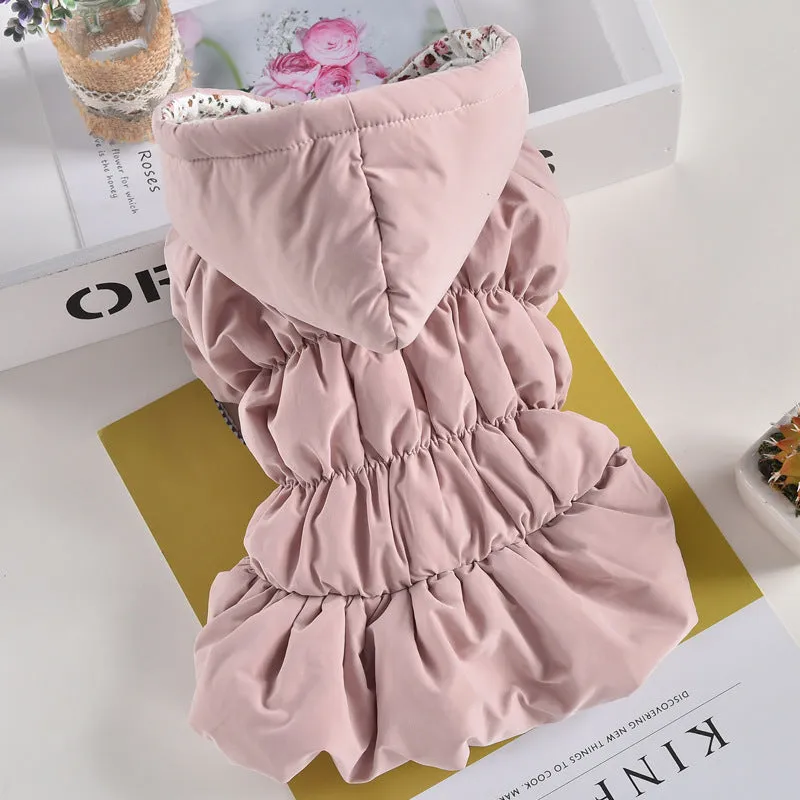 Pink cotton winter pet coat with floral bubble skirt for small to large dogs and cats