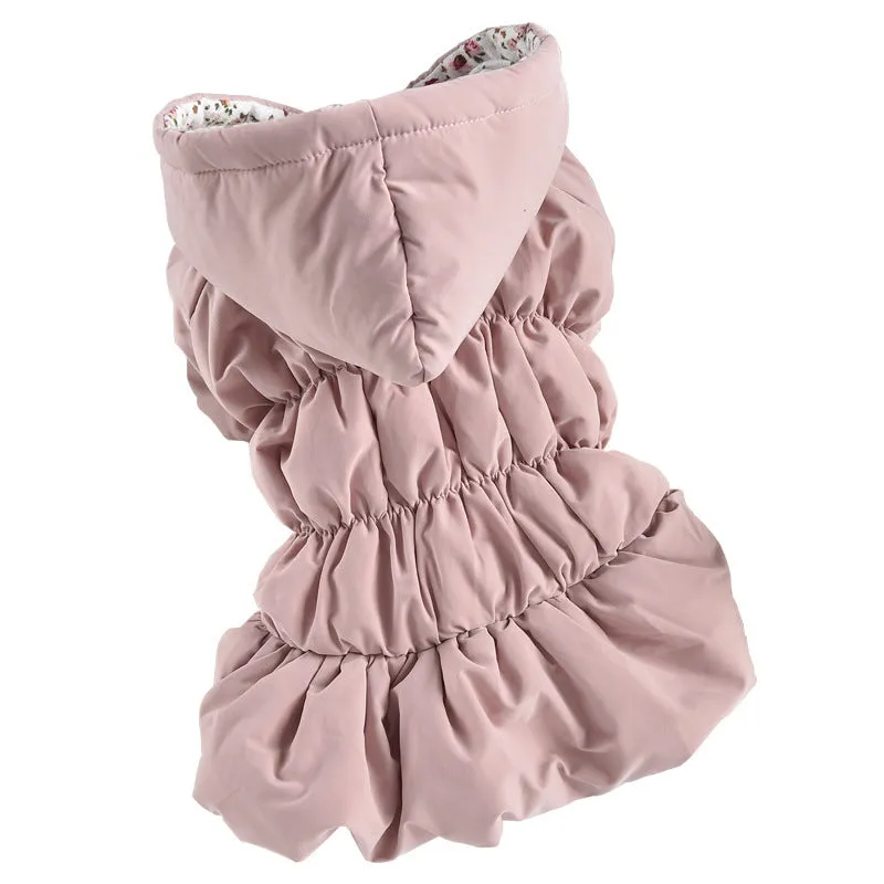 Pink cotton winter pet coat with floral bubble skirt for small to large dogs and cats