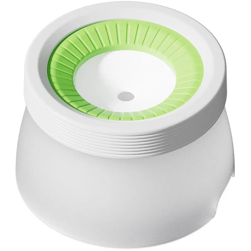 Suspended green pet water bowl for dogs and cats on a white plate base.