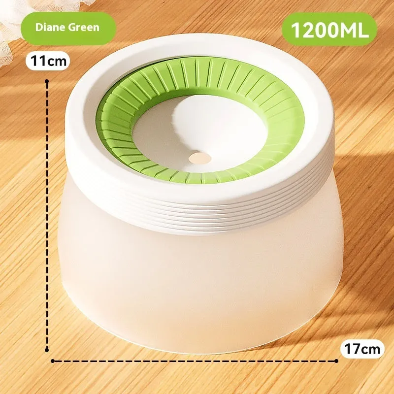 Suspended green pet water bowl for dogs and cats on a white plate base.