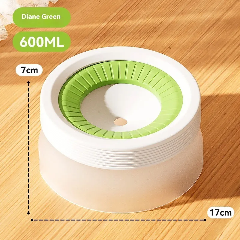 Suspended green pet water bowl for dogs and cats on a white plate base.