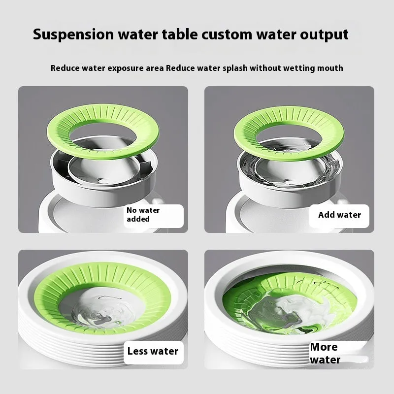 Suspended green pet water bowl for dogs and cats on a white plate base.