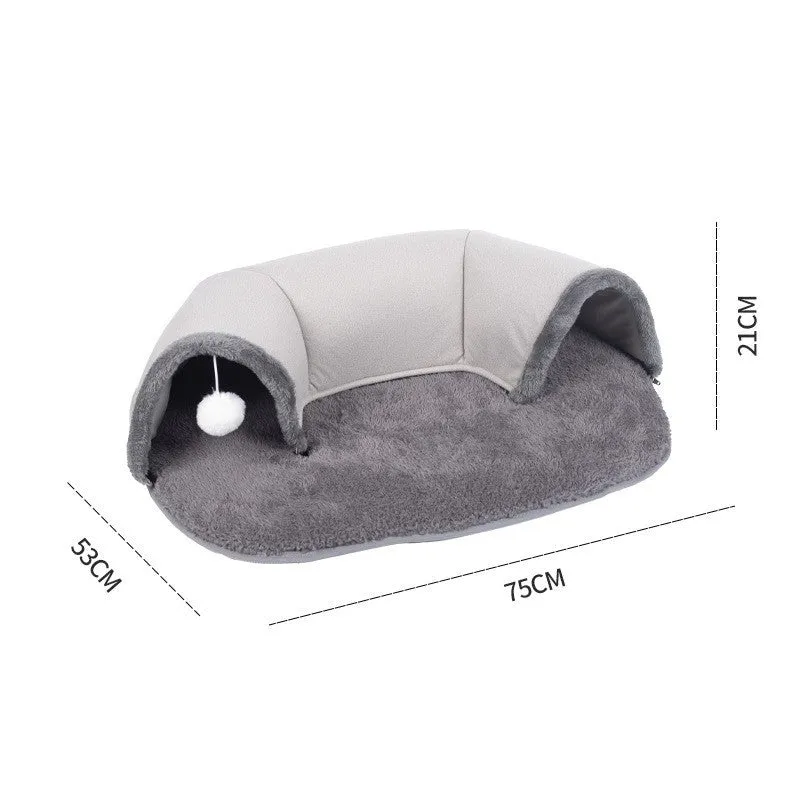 Oval cat nest tunnel in black and grey plush artificial leather and cotton velvet for indoor cats