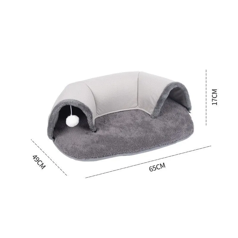 Oval cat nest tunnel in black and grey plush artificial leather and cotton velvet for indoor cats