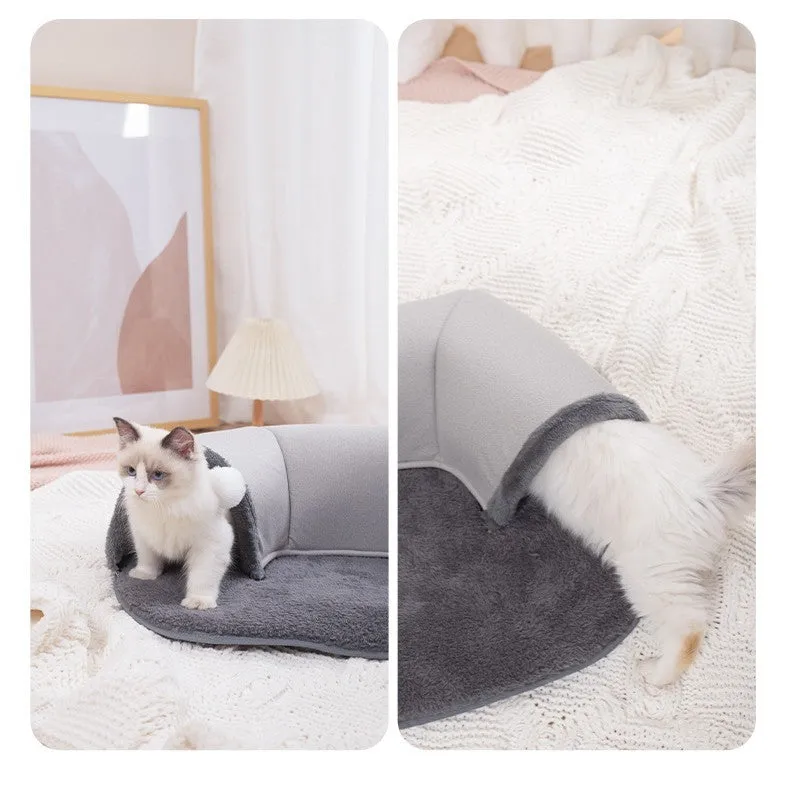 Oval cat nest tunnel in black and grey plush artificial leather and cotton velvet for indoor cats