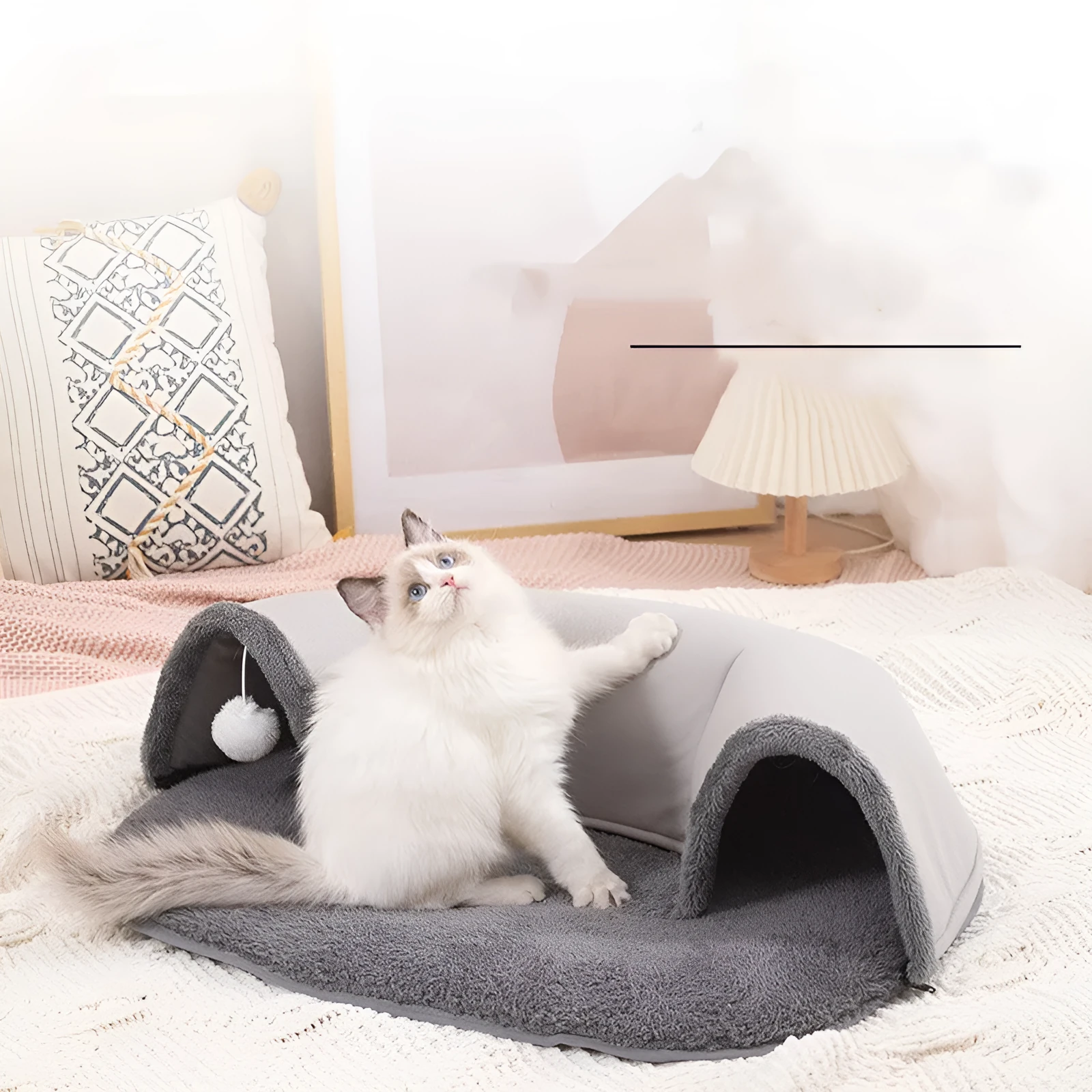 Oval cat nest tunnel in black and grey plush artificial leather and cotton velvet for indoor cats
