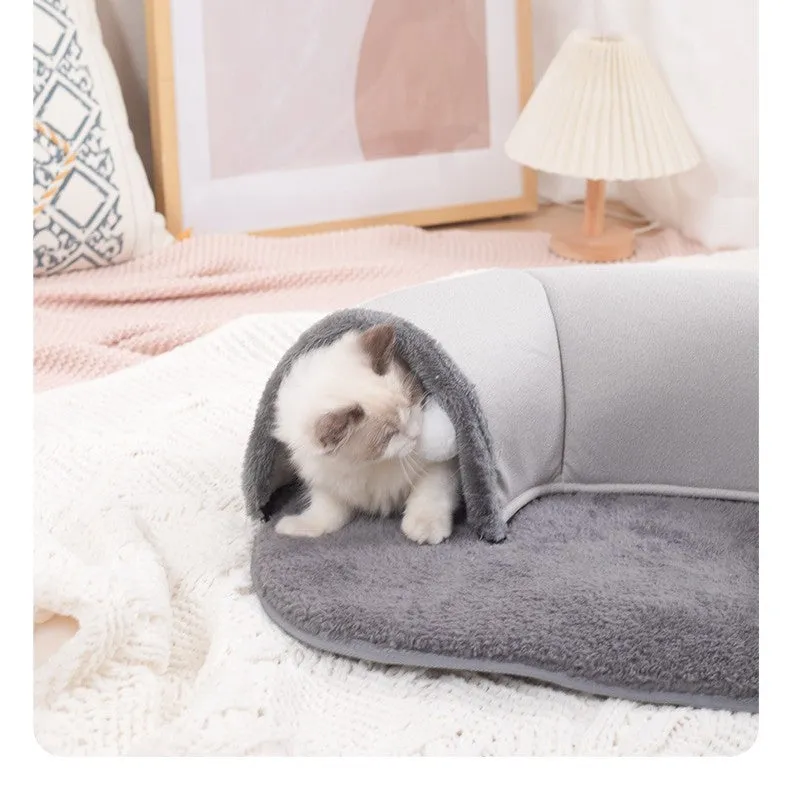 Oval cat nest tunnel in black and grey plush artificial leather and cotton velvet for indoor cats