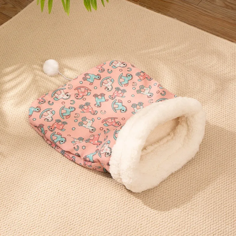 Soft flannel pet sleeping bag nest for cats, measuring 50 by 40 centimetres, in pink Trojan or blue rabbit design.