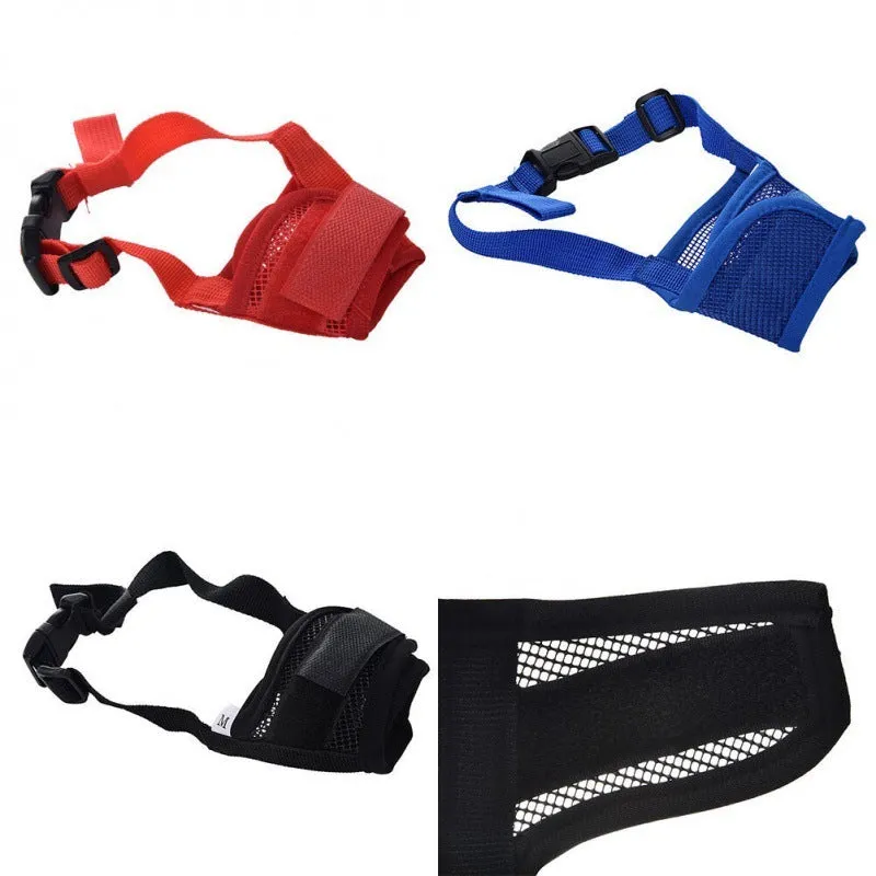 Adjustable plastic dog muzzle shown in multiple colours and sizes for medium and large breeds.