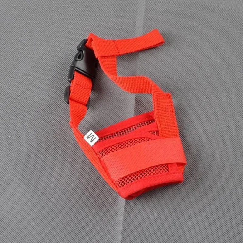 Adjustable plastic dog muzzle shown in multiple colours and sizes for medium and large breeds.