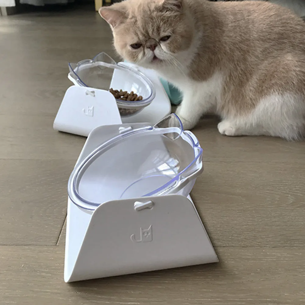 Adjustable plastic cat bowl in white with a 15-degree angle and non-slip base