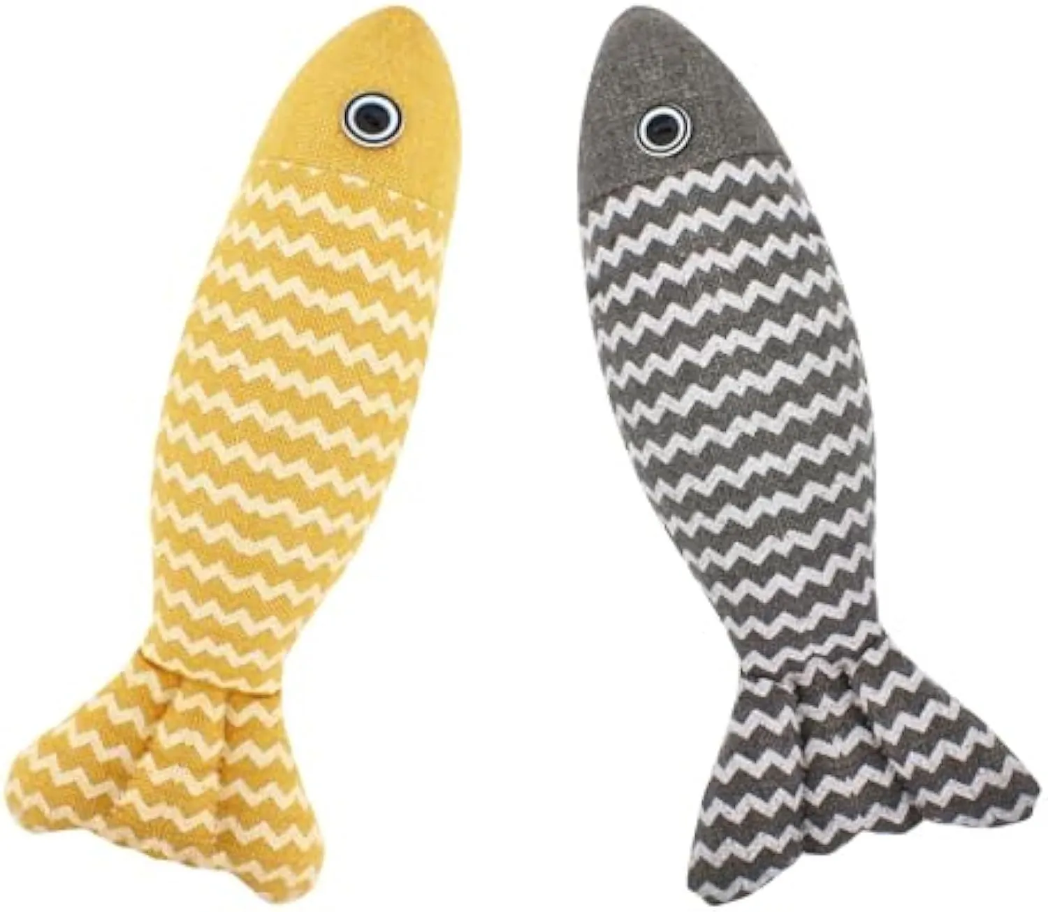 Three catnip fish toys in coffee, gray, and yellow for indoor cat self-play