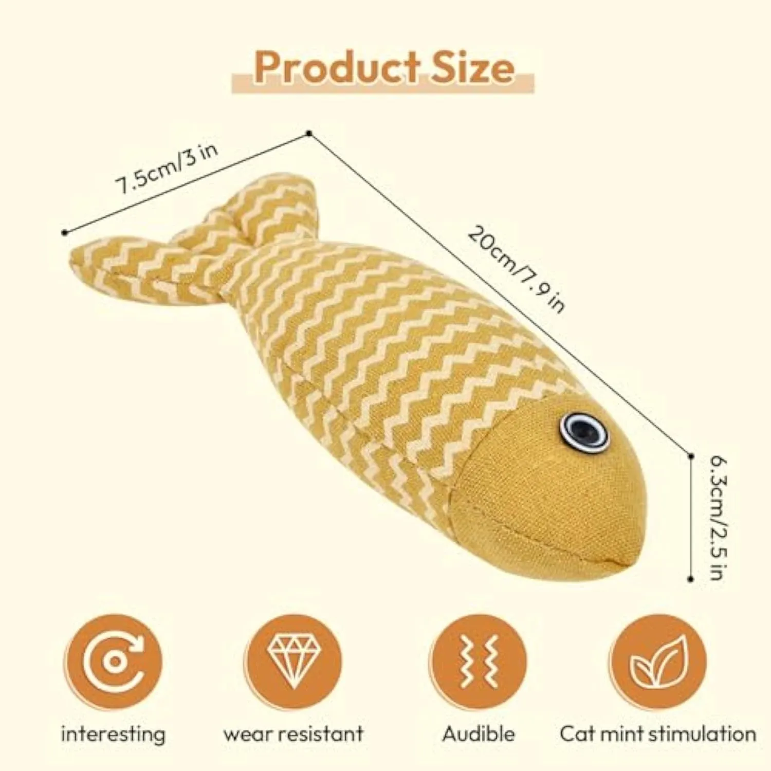 Three catnip fish toys in coffee, gray, and yellow for indoor cat self-play