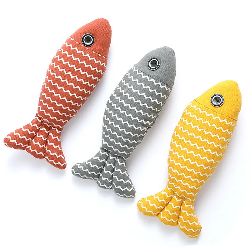 Three catnip fish toys in coffee, gray, and yellow for indoor cat self-play