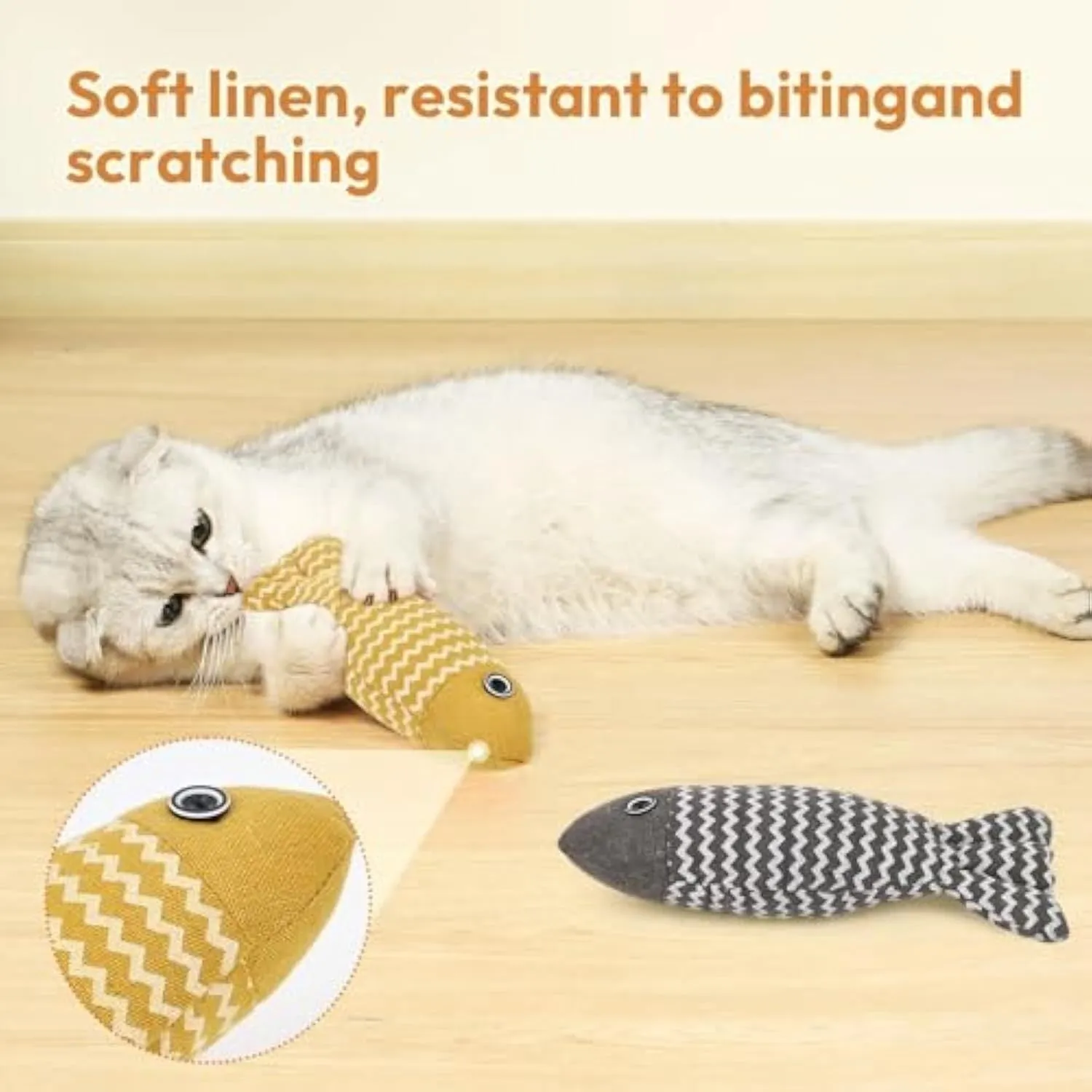 Three catnip fish toys in coffee, gray, and yellow for indoor cat self-play