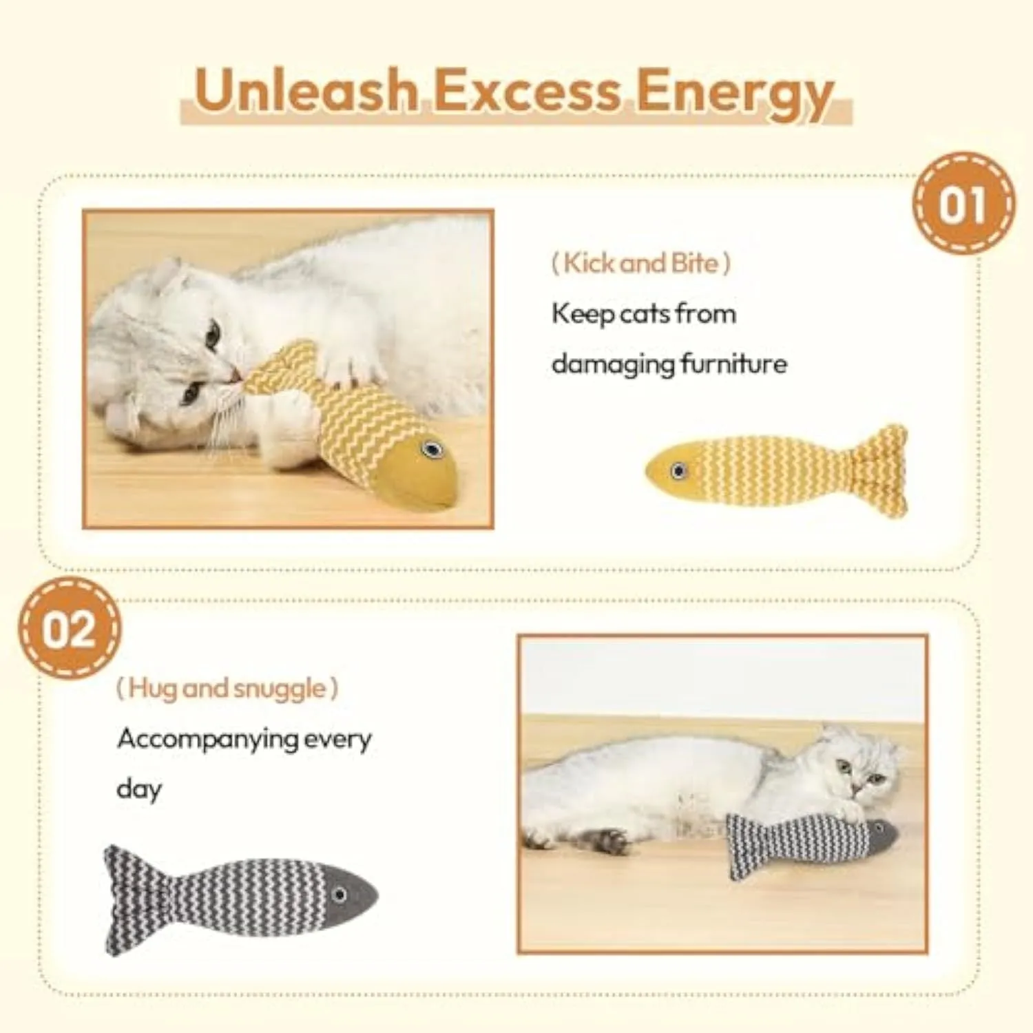 Three catnip fish toys in coffee, gray, and yellow for indoor cat self-play
