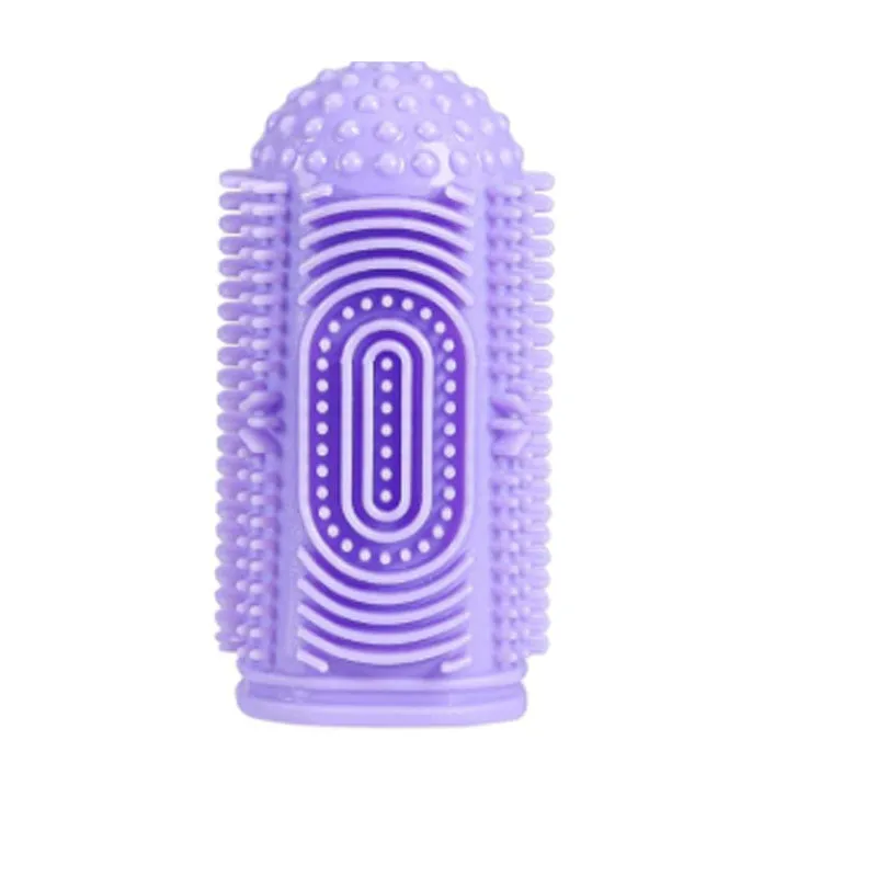 Dog finger toothbrush with 360° silicone bristles in blue, green, pink, and purple – soft non-slip sleeve for pet teeth cleaning