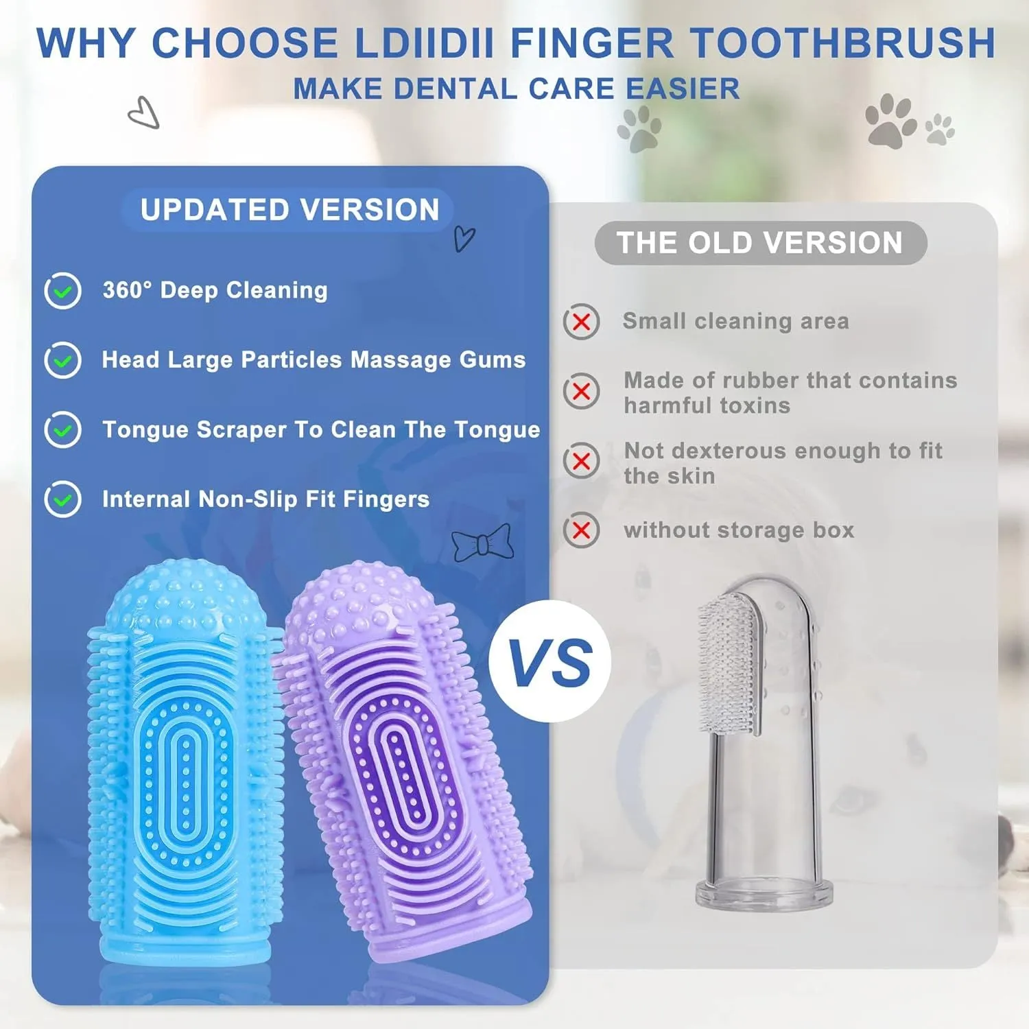 Dog finger toothbrush with 360° silicone bristles in blue, green, pink, and purple – soft non-slip sleeve for pet teeth cleaning